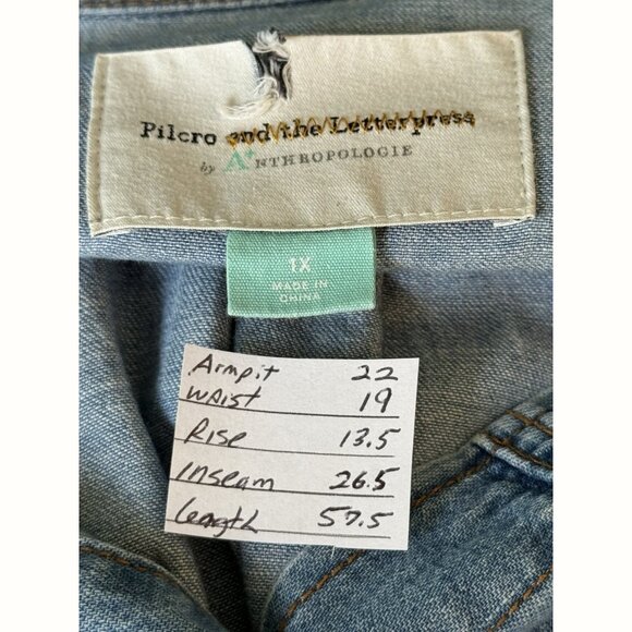 Anthropologie Pilcro Women’s 1X Chambray Jumpsuit Denim Blue Roll Tab Boho - Picture 2 of 9